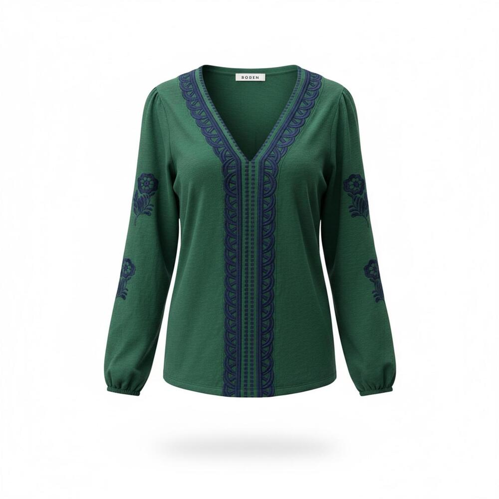 Boden Green Embroidered Jersey V Neck Blouse Boho Folk Cottagecore